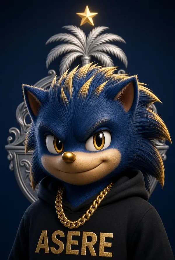 Blue hedgehog character with golden accents in an ASERE hoodie