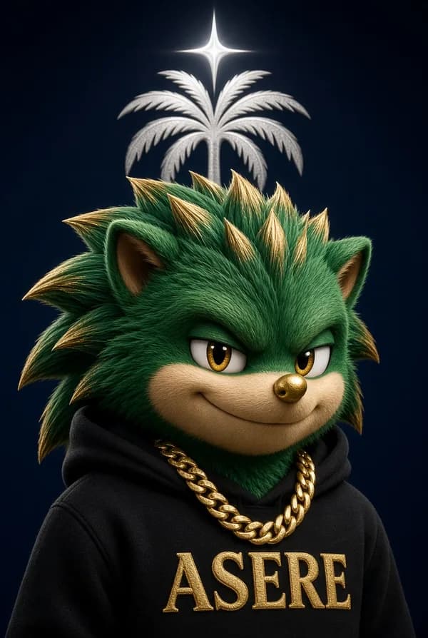 Green hedgehog character with gold-tipped quills and an ASERE hoodie