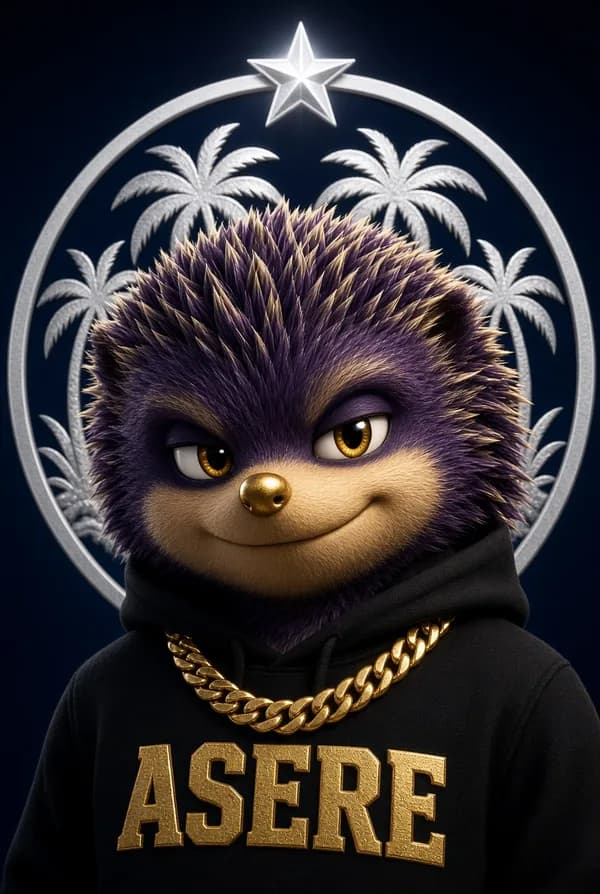 Violet hedgehog character framed by silver palm trees