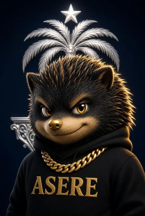 Pincho Asere, dark blue hedgehog in an ASERE hoodie and gold chain